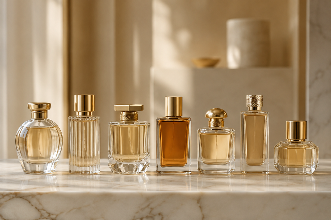 Flacons de parfum alignés sur un plan en marbre