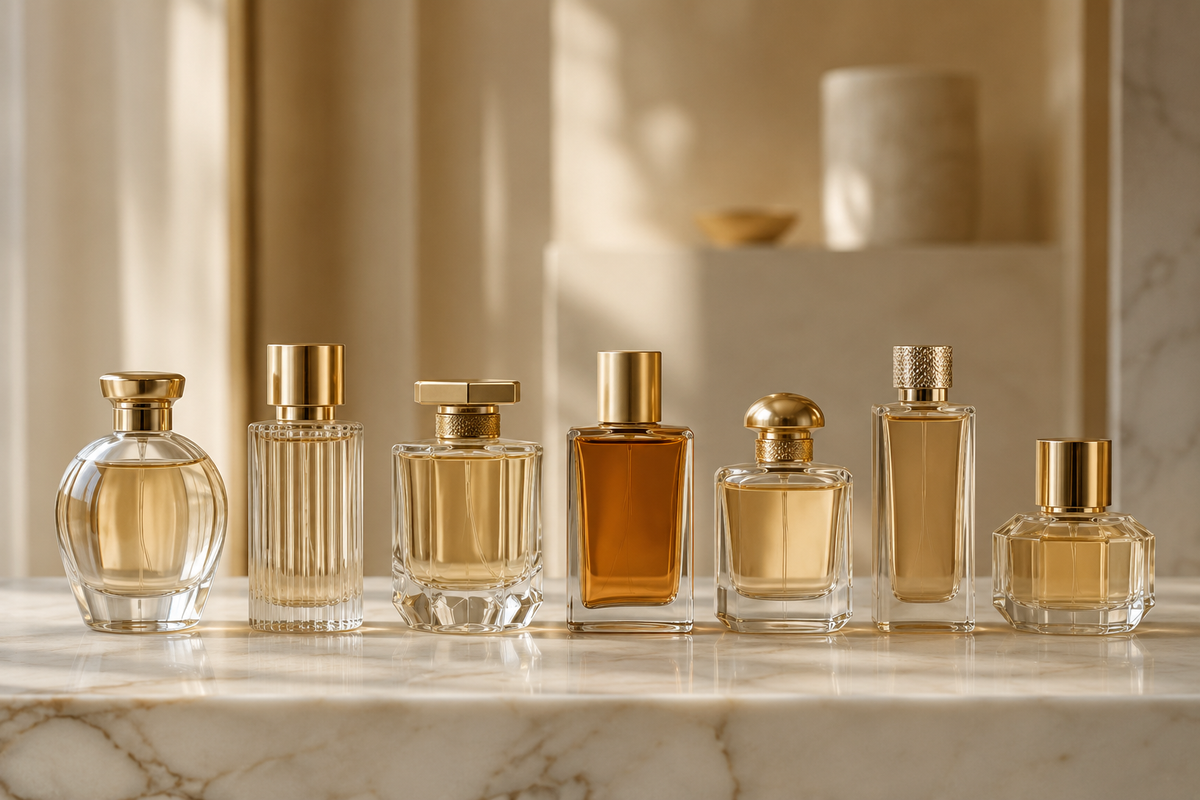 Flacons de parfum alignés sur un plan en marbre