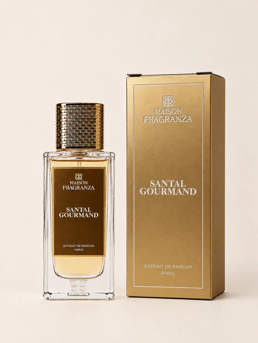 Santal Gourmand, flacon et boîte dorée
