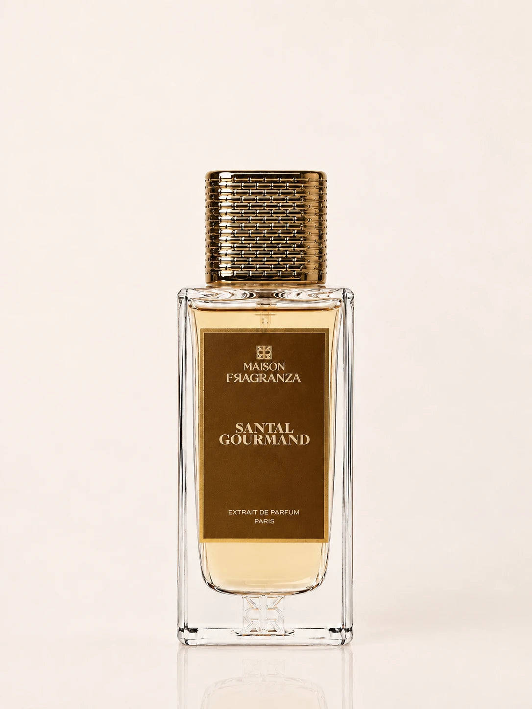 Santal Gourmand, Extrait de Parfum Maison Fragranza, flacon face fond crème